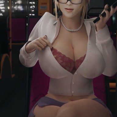 1girls, 3d, big breasts, blonde hair, bulge, bus, bus interior, cellphone, cleavage, curvaceous, curves, dead or alive, generalbutch, glasses, high resolution