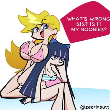 2girls, alternate breast size, animated, big breasts, breasts, busty, huge breasts, humor, oh these? (meme), panty & stocking with garterbelt, panty anarchy, slap, stocking anarchy, swimsuits, video