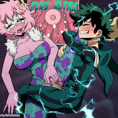 1boy1girl, ahe gao, barryfactory, big breasts, black sclera, blush, closed eyes, clothed, cum, cum in pussy, cum inside, domino mask, freckles, hero outfit(mha), horns