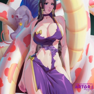 1girls, black hair, blue eyes, boa hancock, huge breasts, long hair, one piece, torn clothes, voluptuous