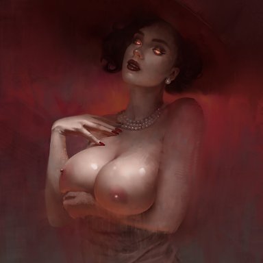 1girls, alcina dimitrescu, big breasts, breasts, earrings, esqeazy, female, glowing eyes, hat, jewelry, lipstick, looking at viewer, necklace, pale-skinned female, pale skin