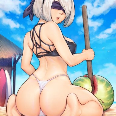 back view, barefoot, bra, female, kneeling, mystra77, nier, nier: automata, solo, thong, watermelon, yorha 2b