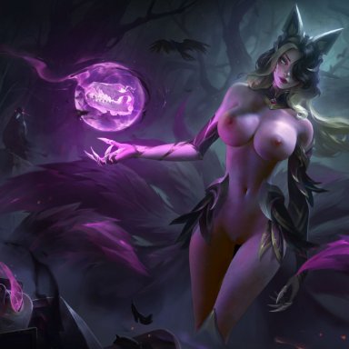 ahri, animal ears, armor, league of legends, naked, nipples, pussy, tagme, tail, uncensored