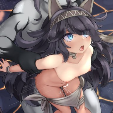 battle cats, black hair, blue eyes, breasts, cat ears, cat girl, catgirl, collar, collarbone, cum, doggy style, grabbing from behind, kasli the scourge, long hair, messy hair