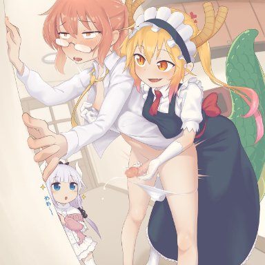 1futa, 2girls, against wall, areolae, being watched, big breasts, big penis, breasts, clothed, clothing, duo focus, erection, female, female on futa, from behind
