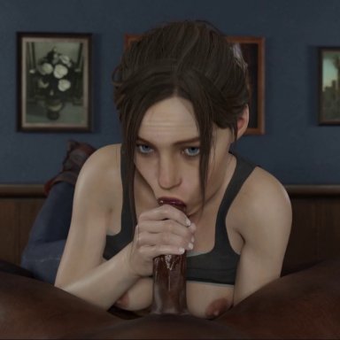 1boy, 1girls, 3d, animated, areolae, blowjob, blue eyes, bordeaux black, breasts, breasts out, brown hair, claire redfield, cock worship, dark-skinned male, eye contact