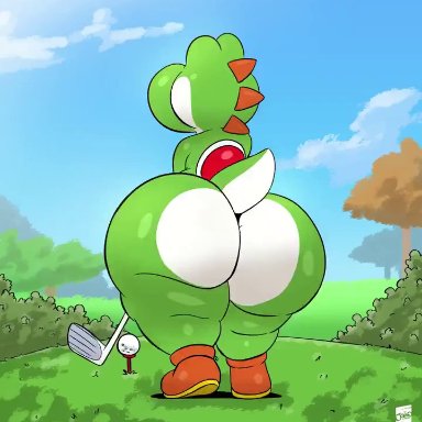 1boy, 2021, animated, animated gif, anthro, behind, behind view, big ass, big breasts, cleavage, fat ass, golf, golf ball, golf club, green skin