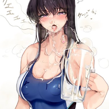 1girls, cum, cum in bottle, cum in jar, cum in mouth, cum inside, cum on chest, cum on clothes, cum on face, cum on upper body, drinking, drinking cum, komi-san wa komyushou desu, komi shouko, looking at viewer