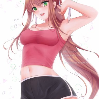 2020s, 2021, armpits, belly button, black legwear, brown hair, doki doki literature club, dolphin shorts, exposed stomach, eyebrows visible through hair, front view, green eyes, hair bow, large breasts, light-skinned female