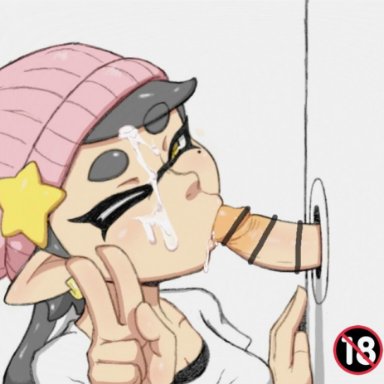 1futa, 1girls, agent 4 (splatoon), callie (splatoon), censored, clothed female, cum, cum on face, fellatio, futa on female, futanari, glory hole, nintendo, nuranura-san, oral