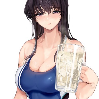 1girls, cum in bottle, cum in jar, komi-san wa komyushou desu, komi shouko, looking at viewer, mamimi (artist), medium breasts, swimsuit