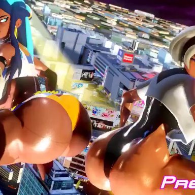 2girls, 3d, animated, ass, bea (pokemon), big ass, big breasts, big butt, bottom heavy, breasts, bubble ass, bubble butt, city, clapping cheeks, dark-skinned female