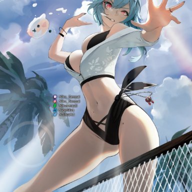 1girls, alternate costume, ball, bare legs, bare shoulders, beach volleyball, bikini, black bikini, blue hair, breasts, clenched teeth, cropped jacket, eula (genshin impact), from below, genshin impact