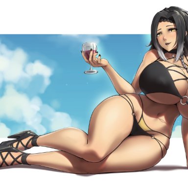 bikini, black hair, braid, breasts, cleavage, clouds, cup, gradient hair, hatsune akabane, high heels, huge breasts, mole, multicolored hair, nail polish, navel