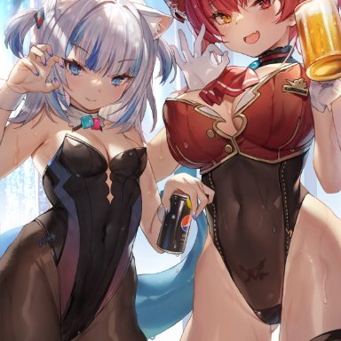 2girls, :d, alcohol, anchor hair ornament, animal ears, ass visible through thighs, bangs, bare shoulders, beer, beer mug, black hairband, black legwear, black leotard, bloop (gawr gura), blue eyes