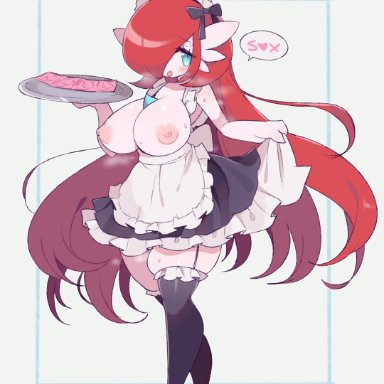 :p, absurdres, apron, areolae, bare shoulders, black legwear, blue eyes, blush, bow, bow hairband, breasts, clarevoir, clothes lift, condom, condom wrapper