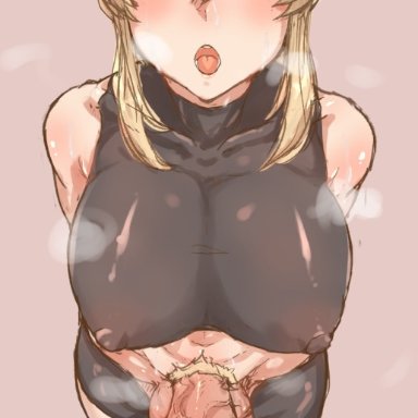 1futa, big balls, big breasts, big penis, blonde hair, blush, breasts, clothed, clothing, cock pointing towards viewer, erection, foreskin, futa only, futanari, genshin impact