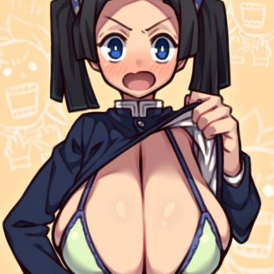 1female, 1girls, big breasts, black hair, blue eyes, blush, breasts, bursting breasts, cleavage, coffeelove68, demon slayer, female, female only, huge breasts, kanzaki aoi (kimetsu no yaiba)