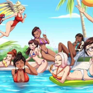 ashe (overwatch), blizzard entertainment, blonde hair, blue hair, blue skin, brigitte, brown hair, cameltoe, cote d'azur widowmaker, hana song, looking at viewer, mei (overwatch), mercy, multiple girls, overwatch