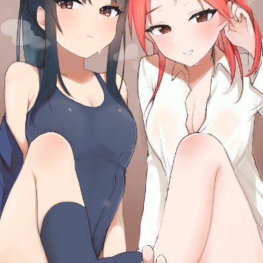 1boy, 2girls, animal ears, barefoot, black hair, blush, breasts, brown eyes, brown footwear, censored, cleavage, cum, cum on clothes, emirio (emirio110), feet