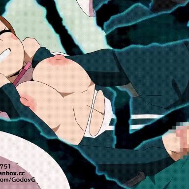 animated, blackwhip, breasts, brown hair, censored, censored penis, censored pussy, felipe godoy, hero outfit(mha), izuku midoriya, legs up, male/female, mosaic censoring, my hero academia, ochako uraraka