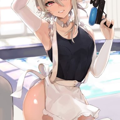 1boy, abs, apron, arm up, armpits, arms up, ass, asymmetrical hair, bangs, black shirt, collarbone, commentary request, corrin (fire emblem), corrin (fire emblem) (male), cowboy shot