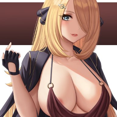 1girls, areolae, big breasts, blonde hair, blue eyes, cynthia (pokemon), female, fingerless gloves, gloves, hair ornament, hair over one eye, huge breasts, human, large breasts, lips