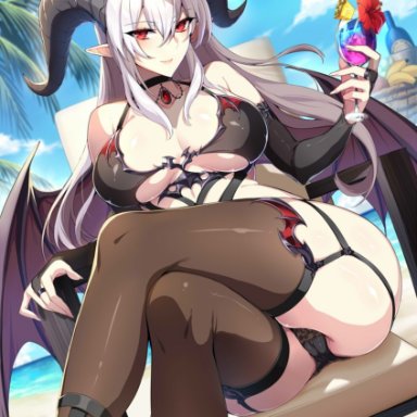 1girls, 2021, artist signature, beach, beach chair, beach umbrella, belt, blue sky, breasts, choker, crossed legs, demon, demon girl, demon horns, demon wings