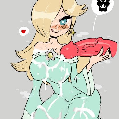 1boy, 1girls, bangs, bare shoulders, bed, blonde hair, blue eyes, blush, bowser, bracelet, breasts, crap-man, cum, cum on body, dress