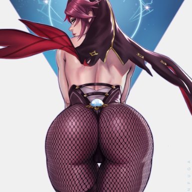 1girls, big ass, big butt, dandon fuga, exposed back, female, female focus, female only, genshin impact, huge ass, huge butt, light skin, looking at viewer, looking back, looking over shoulder
