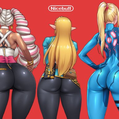 3girls, arms (game), ass, back view, backboob, bodysuit, crossover, dat ass, gun, hand on hip, metroid, nintendo, onomeshin, princess, princess zelda