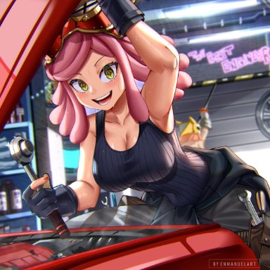 1boy, 1girls, armpits, big breasts, blush, blushing at viewer, breasts, car, clothed, clothing, enmanuelart20, garage, gloves, goggles, goggles on head