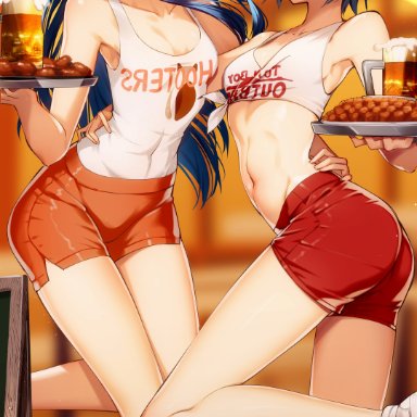 2girls, alcohol, alternate hairstyle, arm around waist, ass, bare legs, bare midriff, beer, blue eyes, blue hair, breasts, cleavage, cluseller, covered navel, dual persona