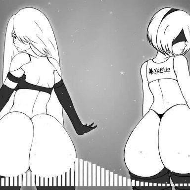 2girls, animated, big ass, booty, bubble butt, huge ass, looking at viewer, looking back, sound, tagme, twerking, video, yorha 2b, yorha a2, zonen404