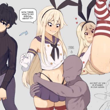 2boys, ass, balls, bottomless, clothed, clothing, cock-tail, cosplay, crossdressing, dialogue, duo, femboy, fully clothed, human, kantai collection