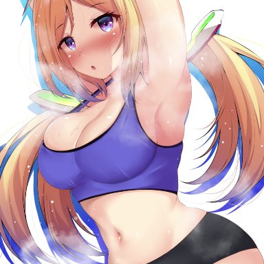 1girls, 2021, aki rosenthal, armpit, armpit focus, arms up, belly, big breasts, blonde hair, blush, breasts, cleavage, eyebrows, eyebrows visible through hair, eyelashes