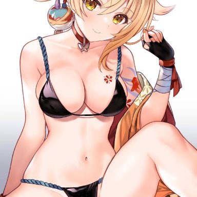 bangs, bare shoulders, blonde hair, blush, breasts, choker, cleavage, closed mouth, collarbone, female, genshin impact, hair ornament, highres, large breasts, long hair