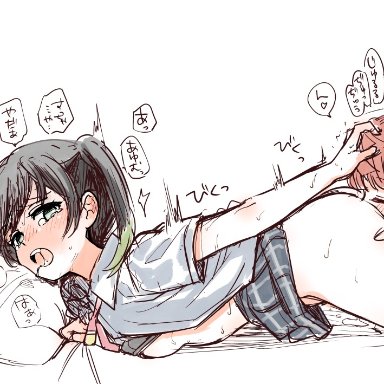 2girls, bangs, black hair, black legwear, blush, bottomless, breasts, closed eyes, clothed sex, cunnilingus, drooling, green eyes, green hair, hand on another's head, hand on another's thigh