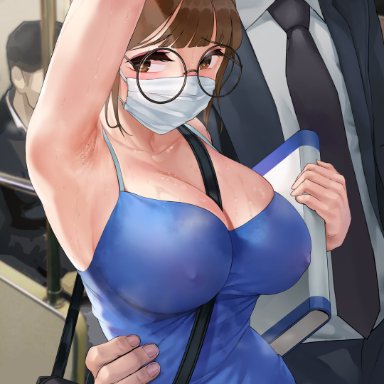 2021, alternate version available, armpit, armpit focus, armpit pussy, bag, belt between breasts, big breasts, blue shirt, blue top, blue topwear, brown hair, covered mouth, erect nipples, eyebrows