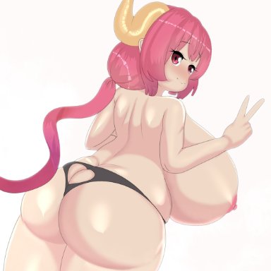 1girls, 2021, ass, ass cleavage, back, big breasts, black panties, blush, breasts, dragon girl, dragon horns, female, female focus, female only, fladdykin