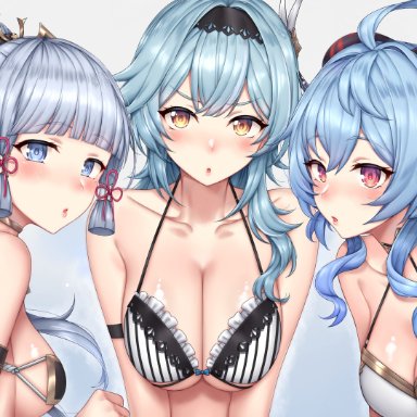 ayaka (genshin impact), blue eyes, blue hair, blush, bra, breasts, eula (genshin impact), ganyu (genshin impact), genshin impact, horns, lingerie, long hair, purple eyes, yakimi 27, yellow eyes