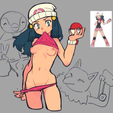 beanie, belly button, blue eyes, blue hair, blush, bonbon(artist), breasts, dawn (pokemon), embarrassed, exposed breasts, female, female only, grey background, hat, long hair