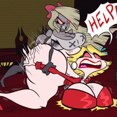 1futa, 1girls, ambiguous penetration, big ass, big breasts, bimbo, blonde hair, bottomless, bouncing breasts, cleavage, cleavage overflow, clothed, clothing, demon, demon girl