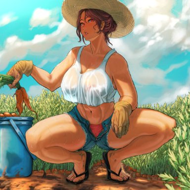 1girls, 2021, bare shoulders, belly, big breasts, breasts, brown hair, carrot, collarbone, female, female focus, female only, hachijuu, hat, jean shorts