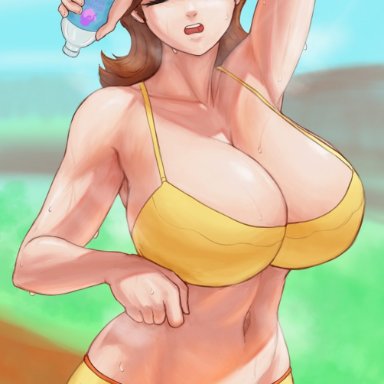1girls, 2020s, 2021, arm up, armpits, big breasts, bra, breasts, brown hair, busty, cleavage, day, dolphin shorts, exhausted, exposed belly