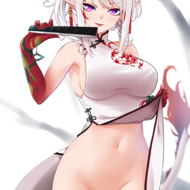 arknights, ass visible through thighs, bare shoulders, belly, big breasts, blush, breasts, china dress, dress, earrings, fan, female, female only, highres, horns