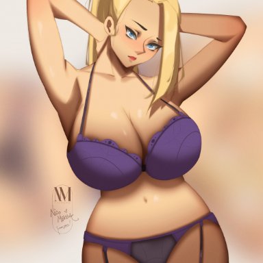 1girls, alternate breast size, alternate skin color, arms behind head, arms up, artist name, artist signature, bangs, bare shoulders, bbw, big breasts, body blush, boruto: naruto next generations, bra, breasts