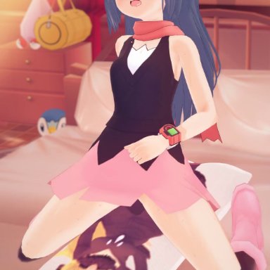 3d, animated, blue eyes, blue hair, blush, clothed, cynthia (pokemon), dawn (pokemon), eyes rolling back, hairpin, hat, hugging pillow, masturbation, pillow, pillow humping