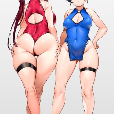 2girls, alternate hairstyle, ass, blue hair, chinese clothes, earrings, hair ornament, high heels, love live!, love live! sunshine!!, purple eyes, red hair, sakurauchi riko, tem10, thigh strap