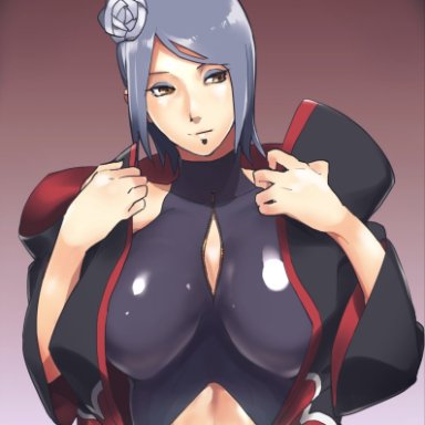 1girls, akatsuki (naruto), black dress, blue hair, breasts, chin piercing, cleavage, closed mouth, clothing cutout, coat, dress, eyeliner, eyeshadow, female, female only